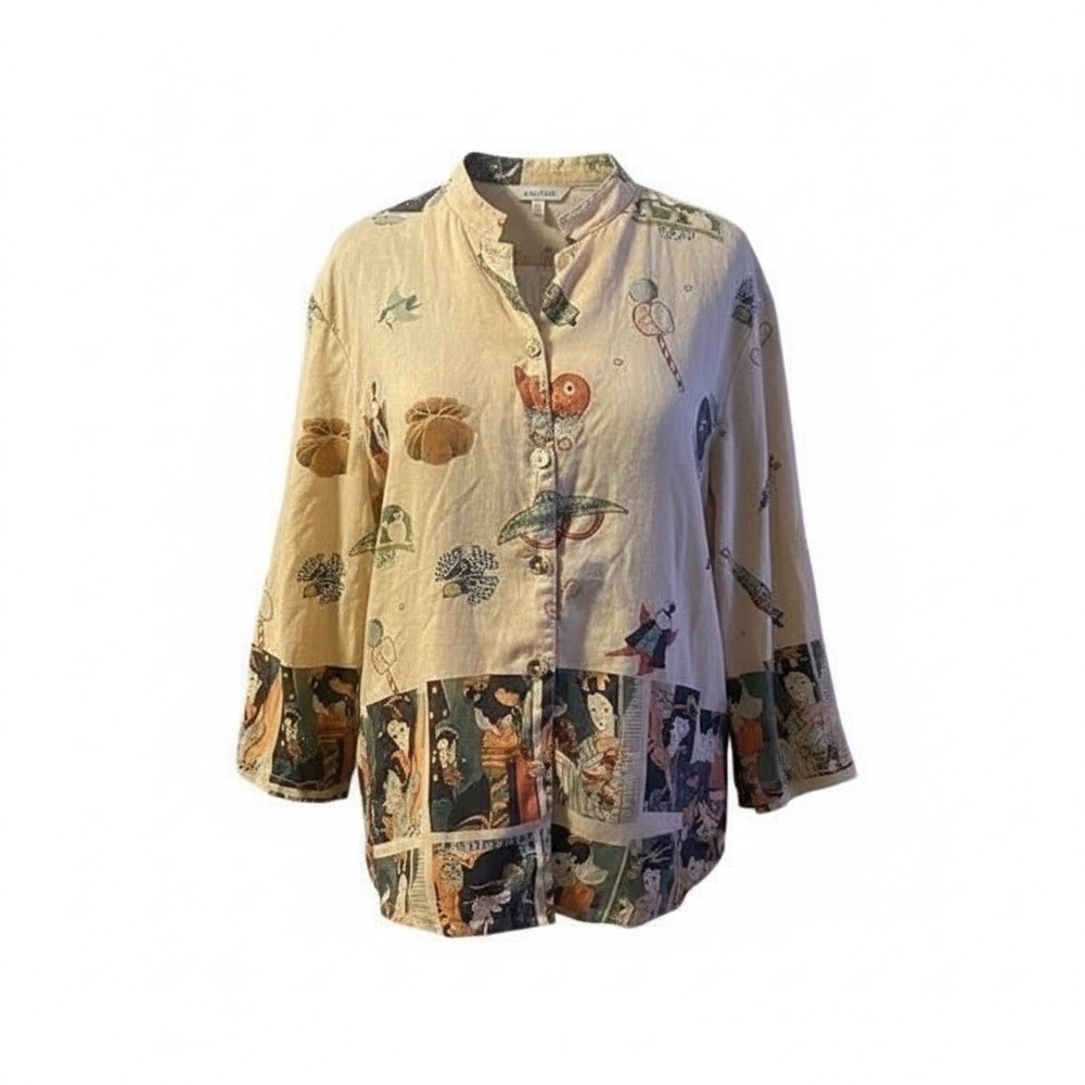 CITRON Of Santa Monica Button Down Beige Tan Print Boho, size M‎